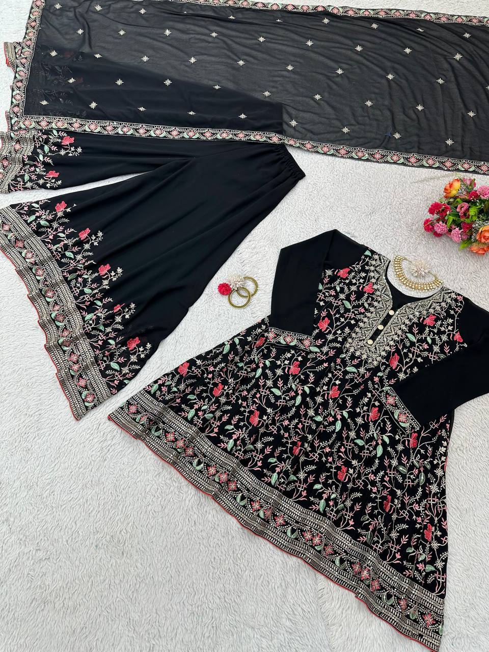 Black Elegant Fox Georgette Co-Ord Set with Sequin & Thread Work