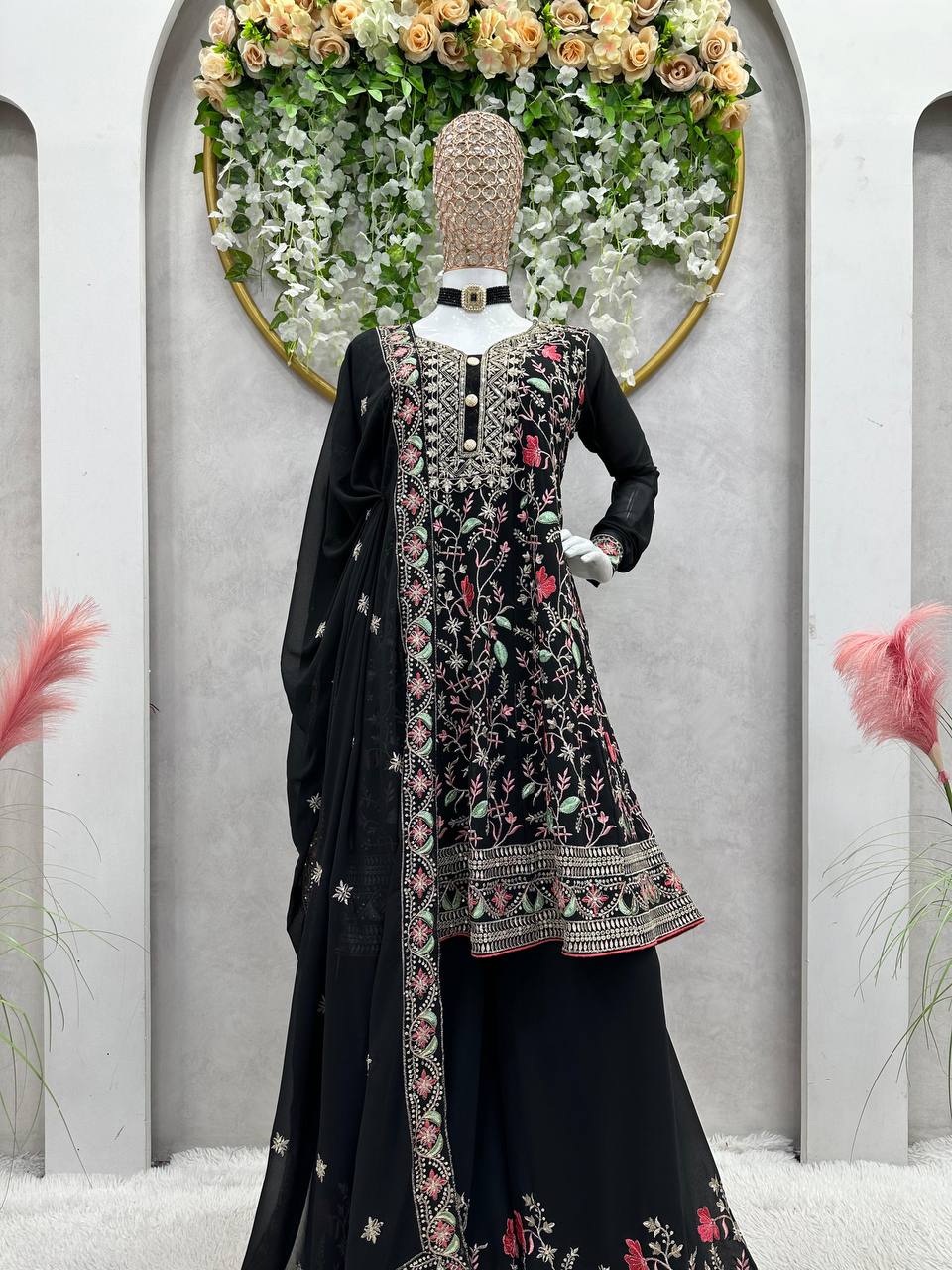Black Elegant Fox Georgette Co-Ord Set with Sequin & Thread Work