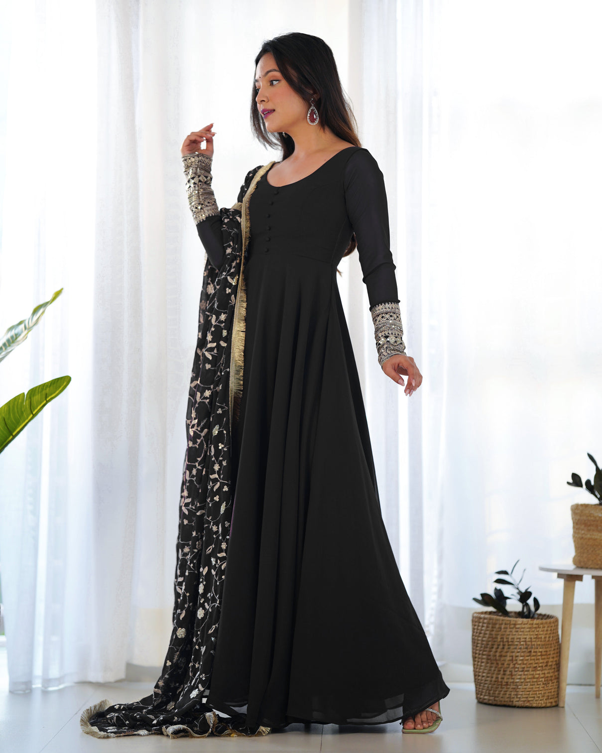 Black Elegant Georgette Anarkali Gown Set – Festive & Wedding Ready