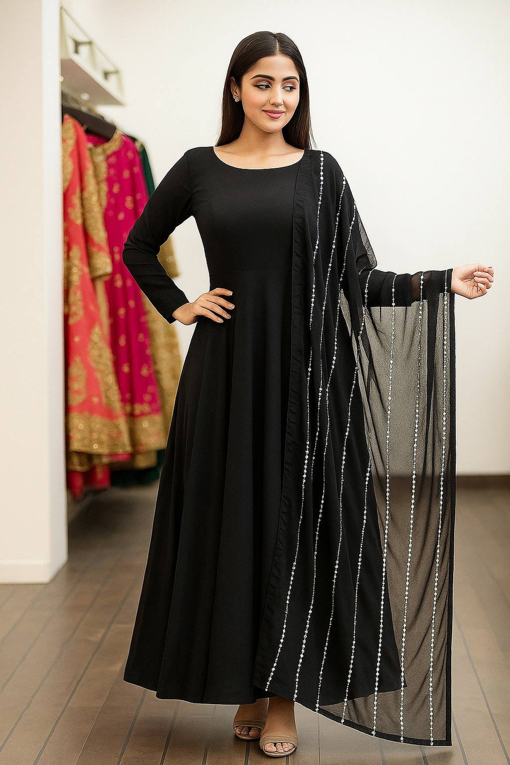 Black Elegant Georgette Gown with Grand Flair & Sequin Work Dupatta – Fully Stitched