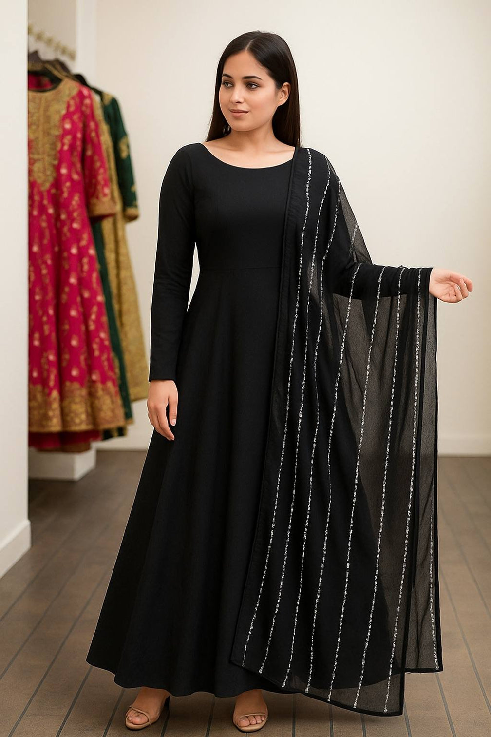 Black Elegant Georgette Gown with Grand Flair & Sequin Work Dupatta – Fully Stitched