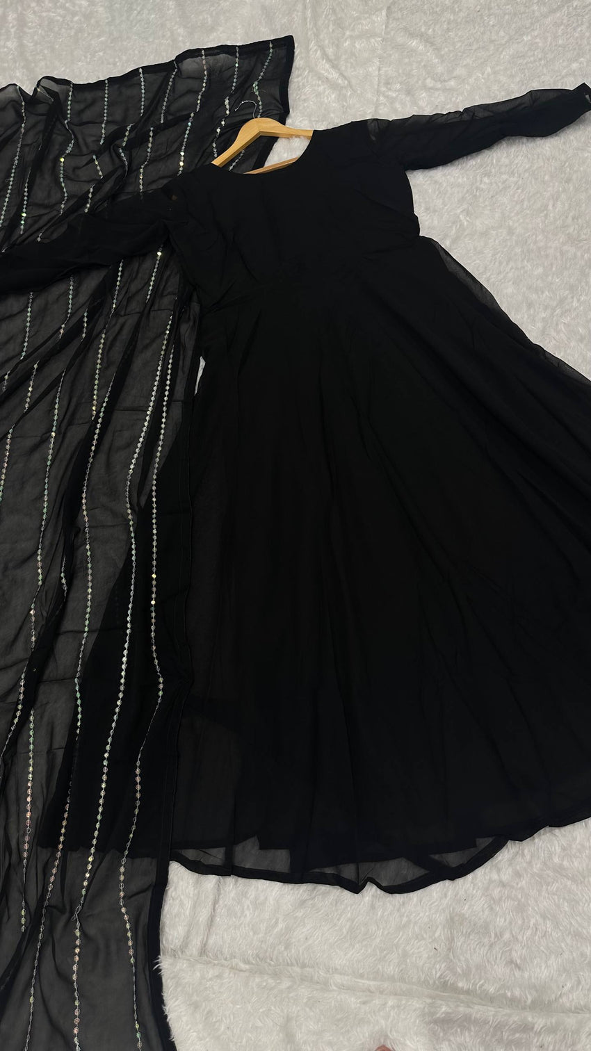 Black Elegant Georgette Gown with Grand Flair & Sequin Work Dupatta – Fully Stitched