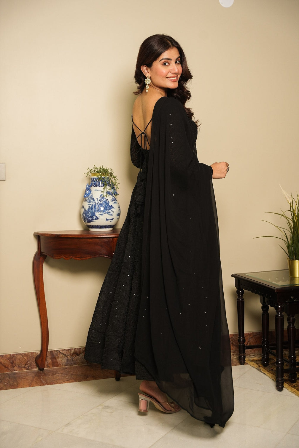Black Elegant Georgette Printed Suit Set with Tassel Dupatta – Flowy & Chic