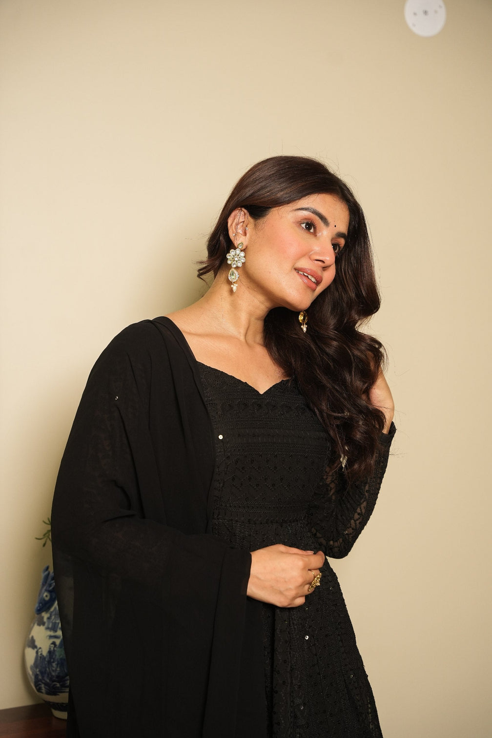 Black Elegant Georgette Printed Suit Set with Tassel Dupatta – Flowy & Chic