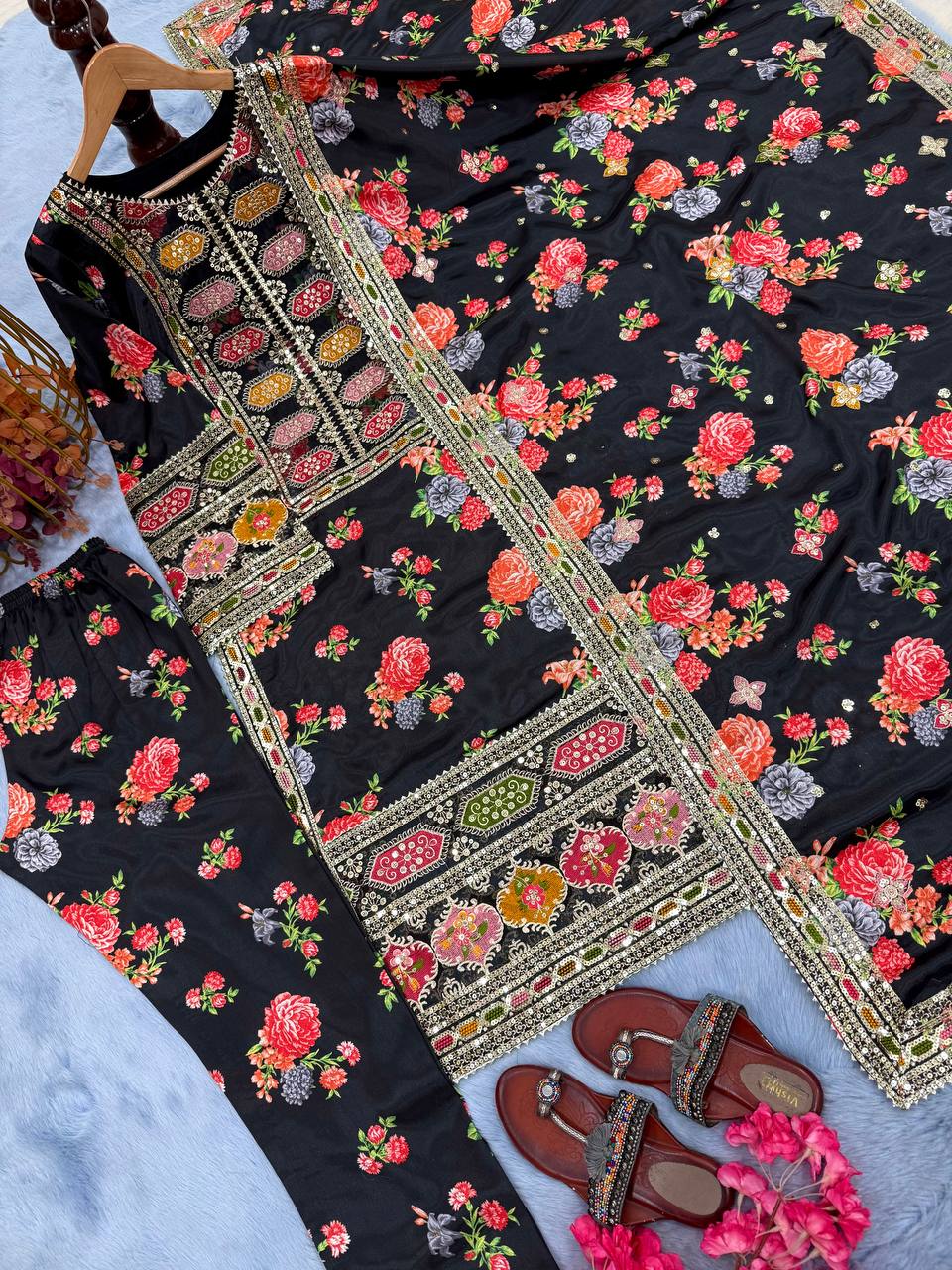 Black Elegant Heavy Chinon Silk Digital Print Suit Set