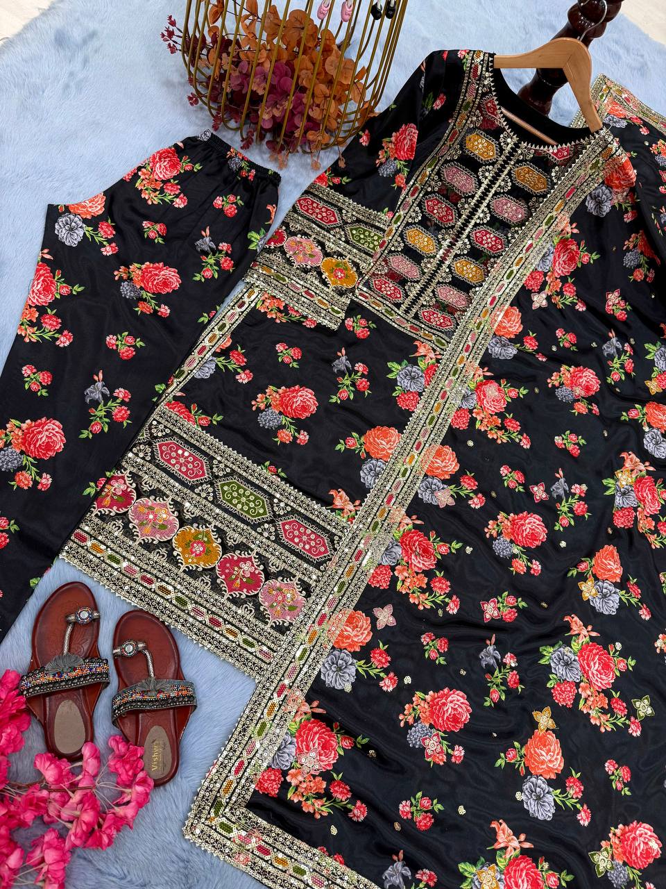 Black Elegant Heavy Chinon Silk Digital Print Suit Set