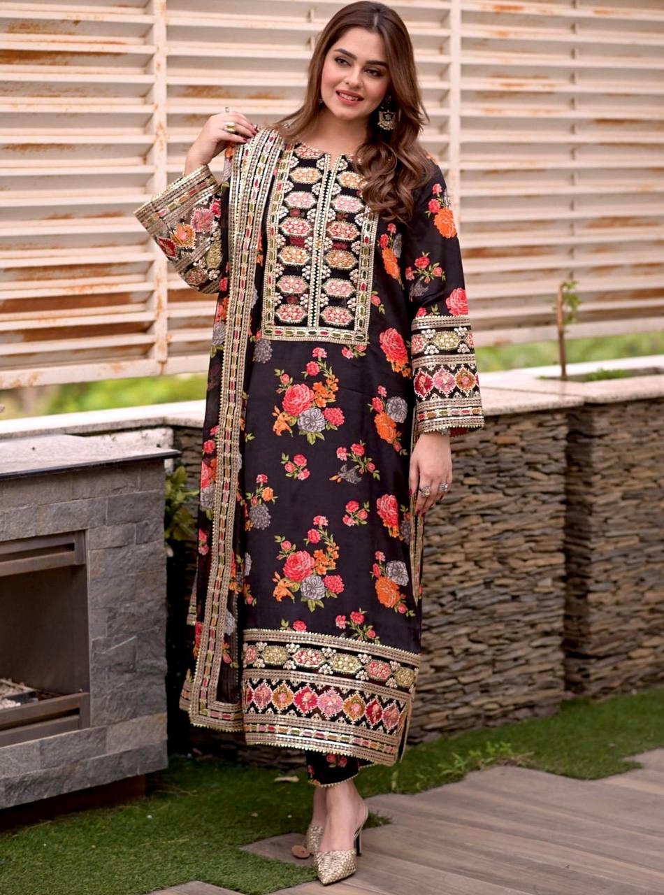 Black Elegant Heavy Chinon Silk Digital Print Suit Set