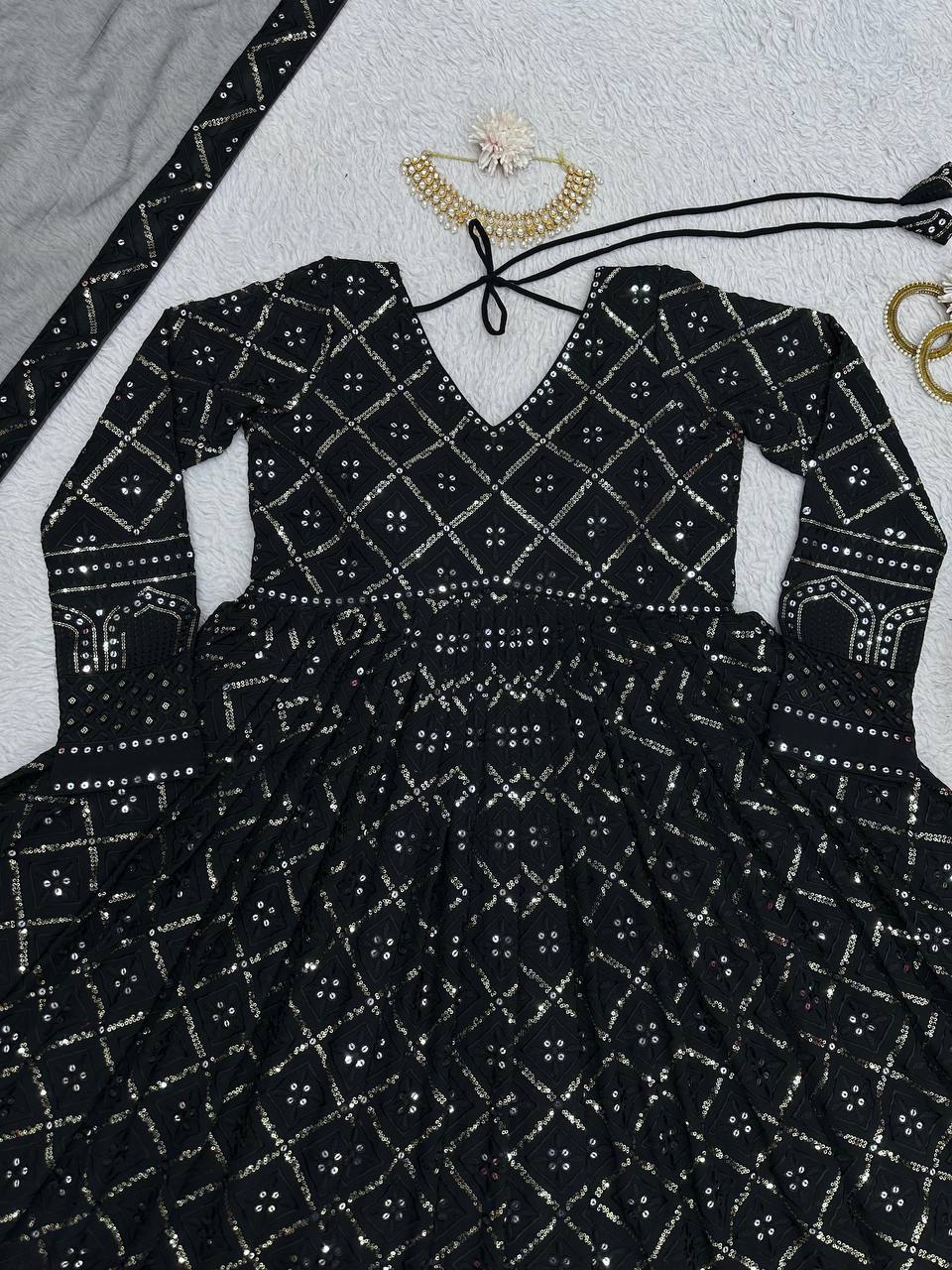 Black Elegant Lakhnavi Embroidered Georgette Suit – With Designer Dupatta