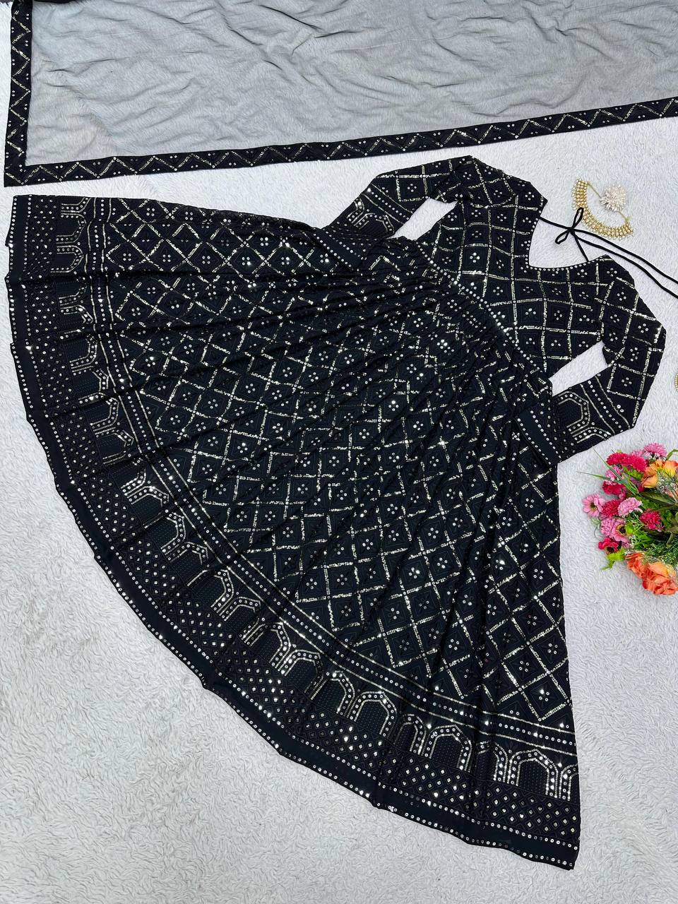 Black Elegant Lakhnavi Embroidered Georgette Suit – With Designer Dupatta