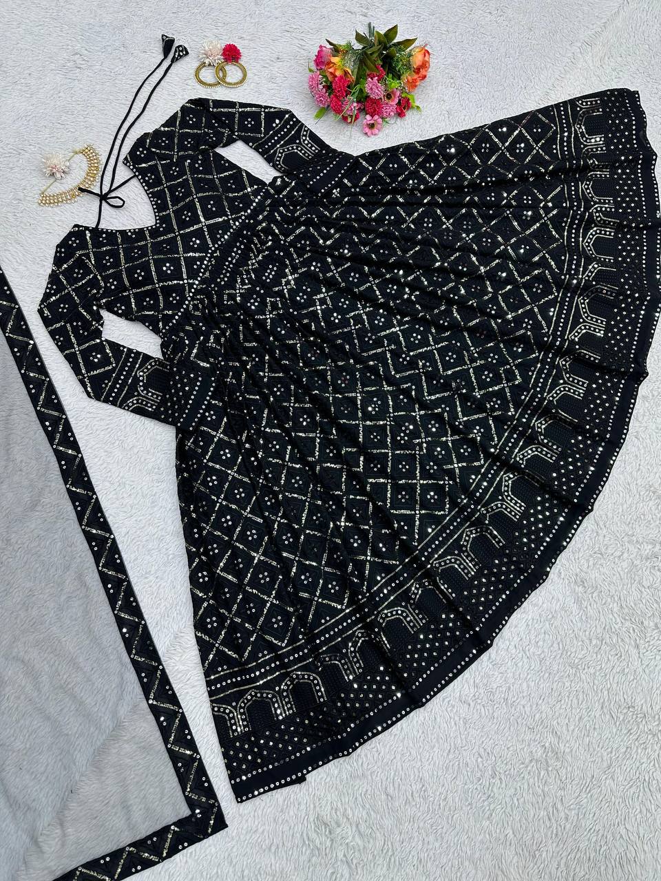 Black Elegant Lakhnavi Embroidered Georgette Suit – With Designer Dupatta