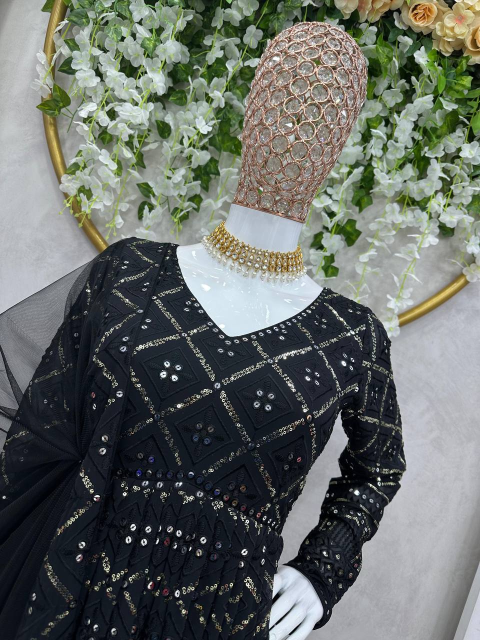 Black Elegant Lakhnavi Embroidered Georgette Suit – With Designer Dupatta