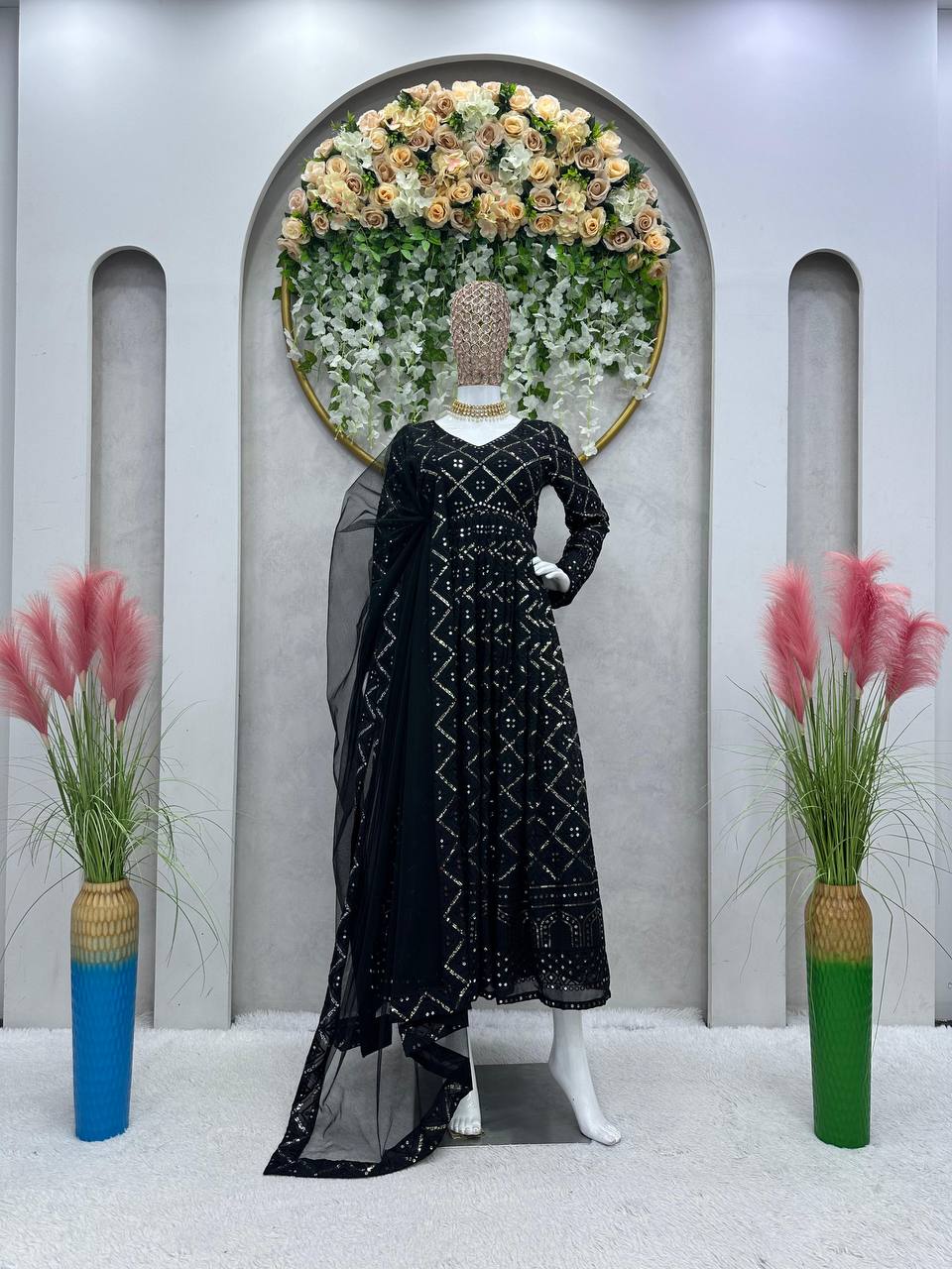 Black Elegant Lakhnavi Embroidered Georgette Suit – With Designer Dupatta