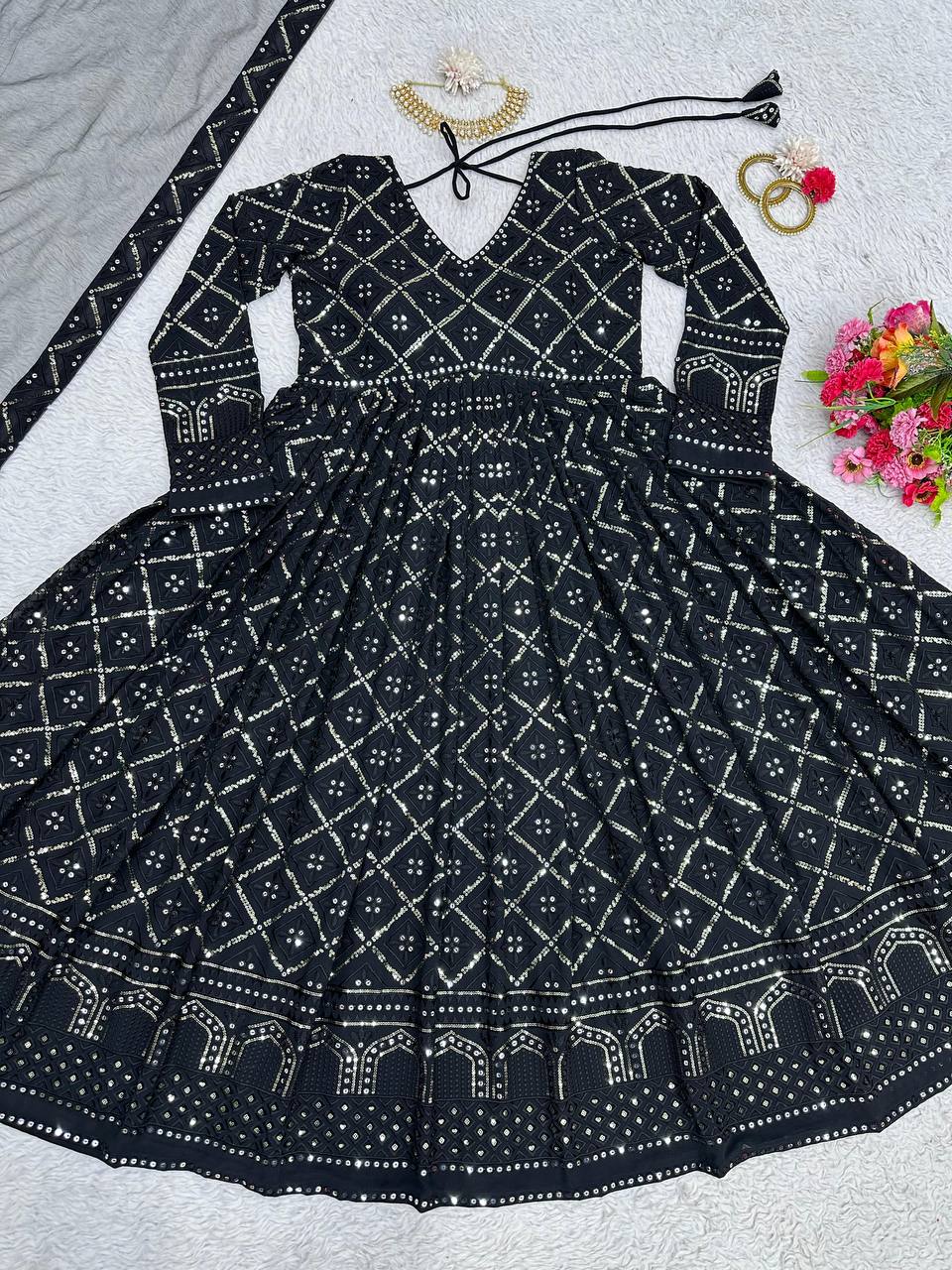 Black Elegant Lakhnavi Embroidered Georgette Suit – With Designer Dupatta