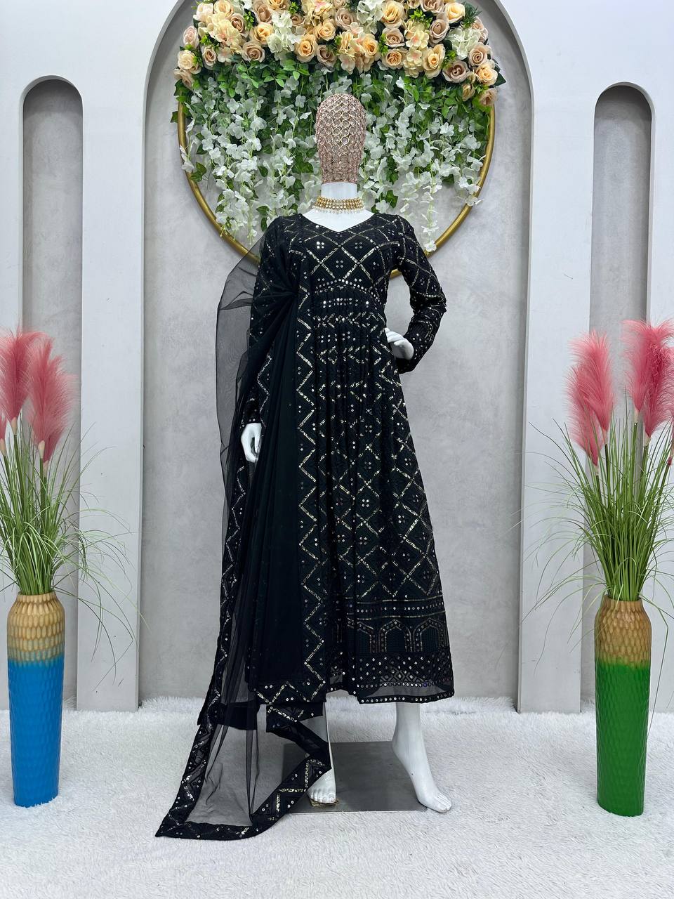 Black Elegant Lakhnavi Embroidered Georgette Suit – With Designer Dupatta