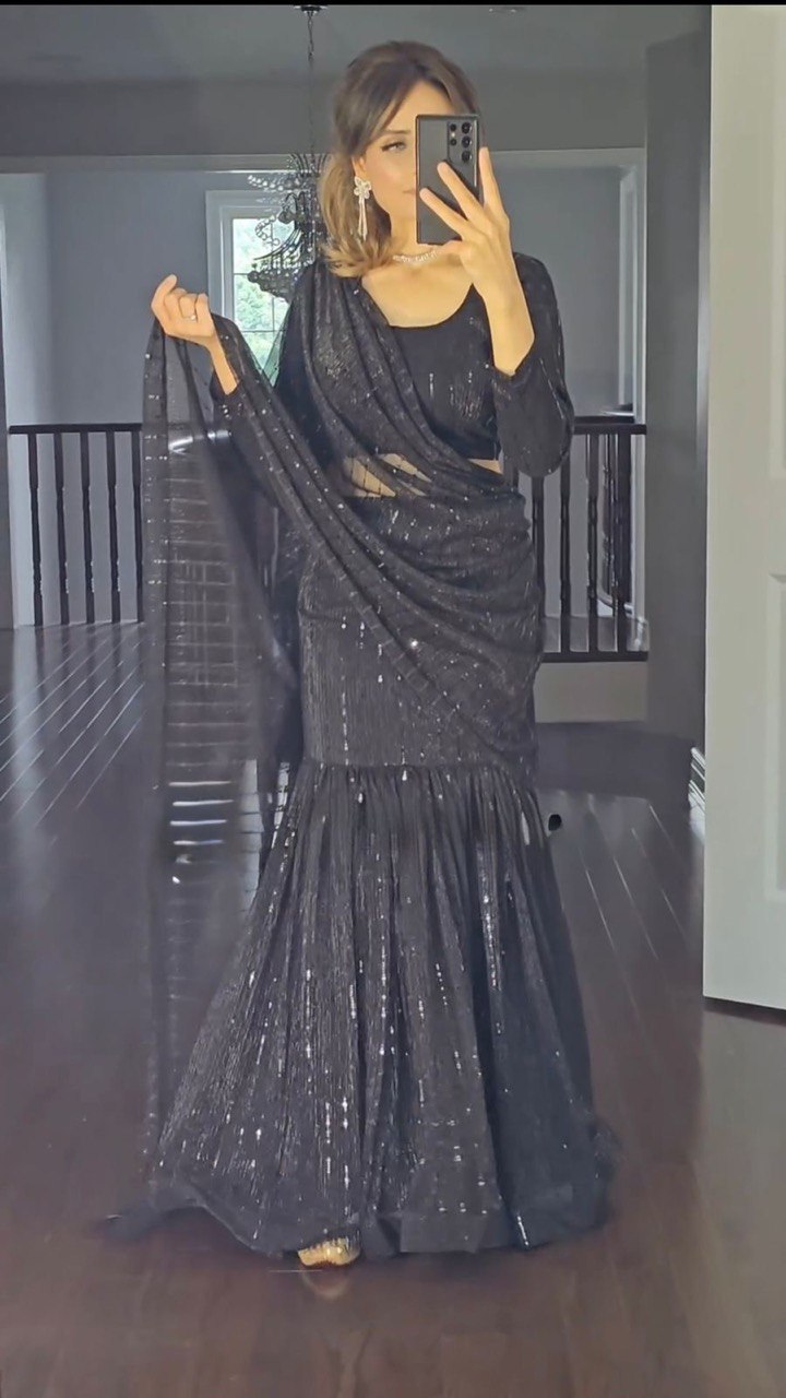 Black Elegant Lycra Lehenga Saree with Fancy Choli – Ready to Wear