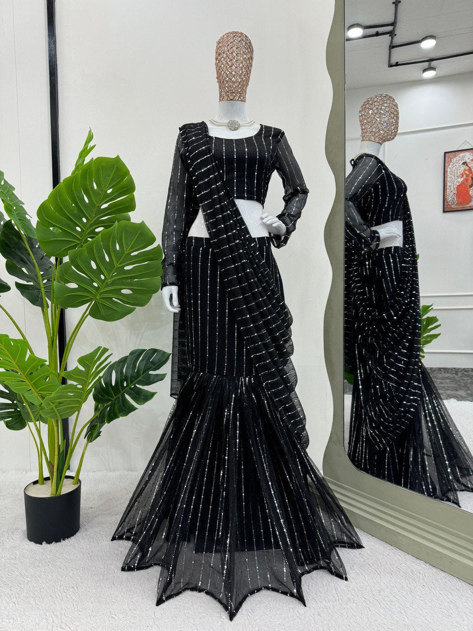 Black Elegant Lycra Lehenga Saree with Fancy Choli – Ready to Wear