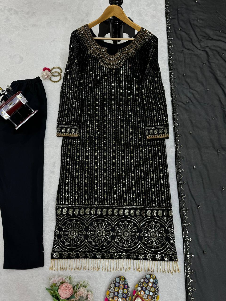 Black Elegant Mirror Work Co-Ord Set
