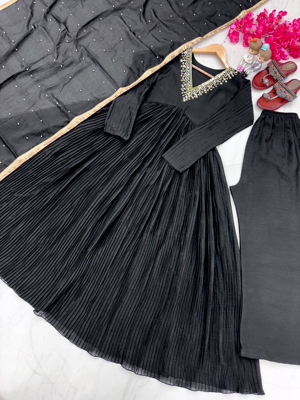 Black Elegant Party Wear Alia Cut Anarkali Gown Set with Dupatta & Bottom