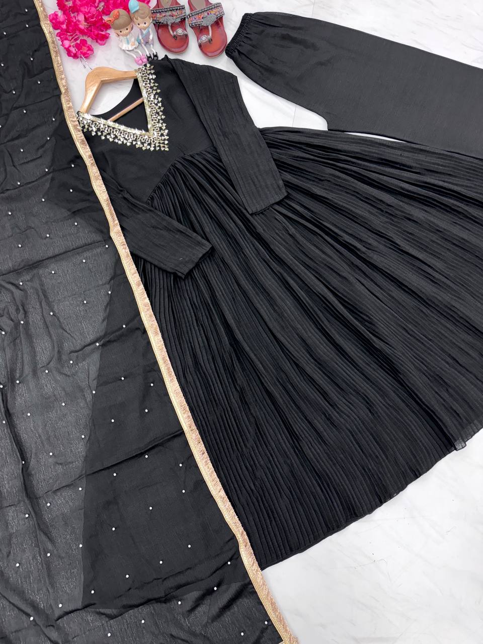 Black Elegant Party Wear Alia Cut Anarkali Gown Set with Dupatta & Bottom