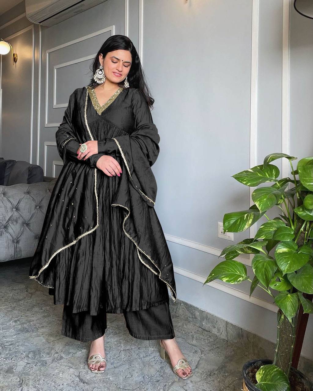 Black Elegant Party Wear Alia Cut Anarkali Gown Set with Dupatta & Bottom