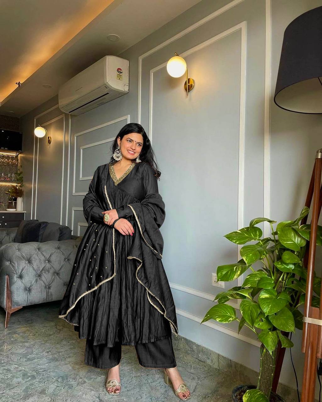 Black Elegant Party Wear Alia Cut Anarkali Gown Set with Dupatta & Bottom