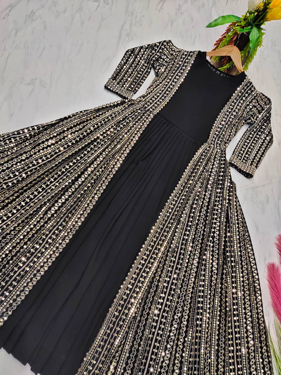 Black Elegant Party Wear Gown & Long Koti Set with Embroidery and Sequins