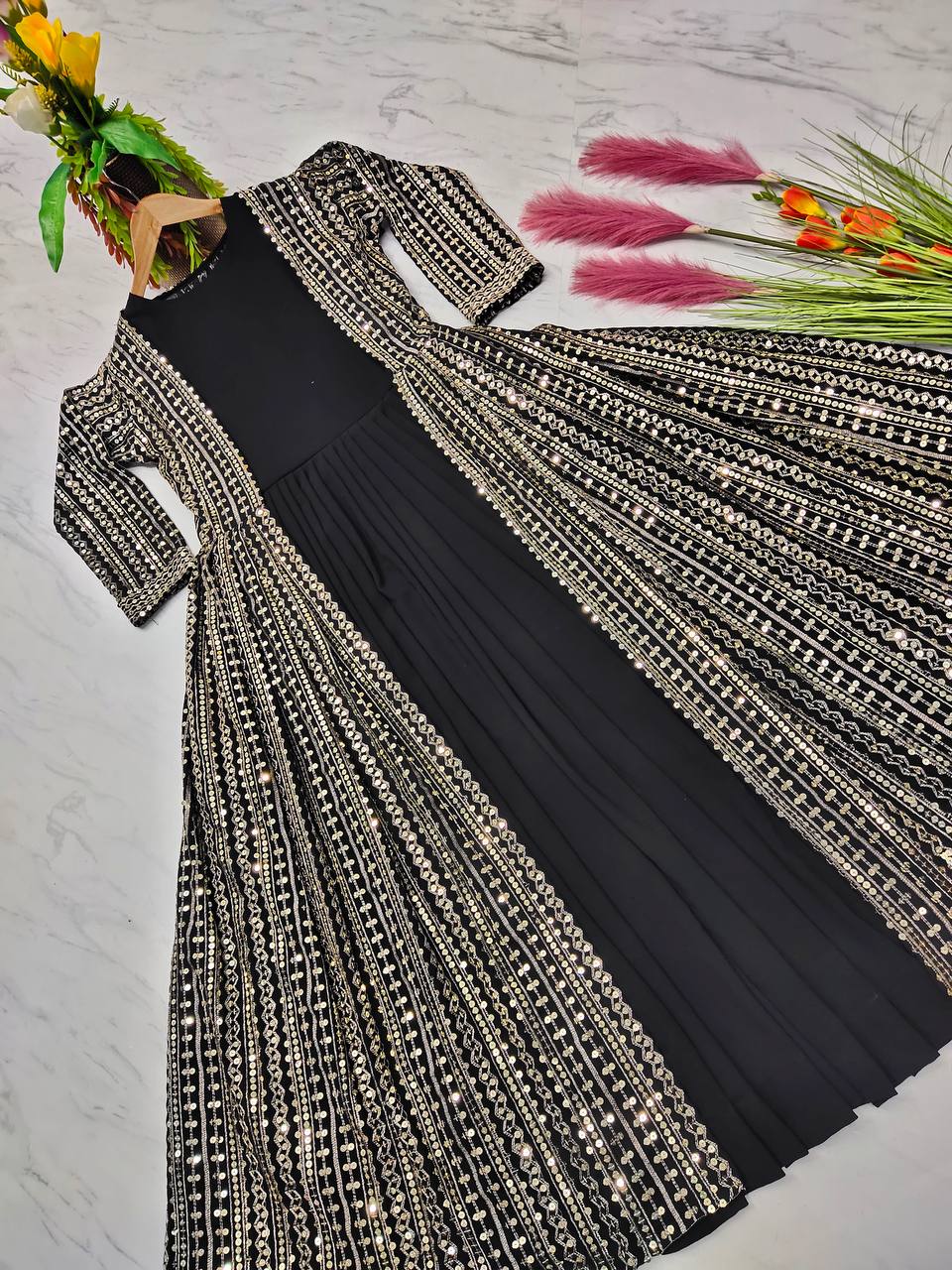 Black Elegant Party Wear Gown & Long Koti Set with Embroidery and Sequins