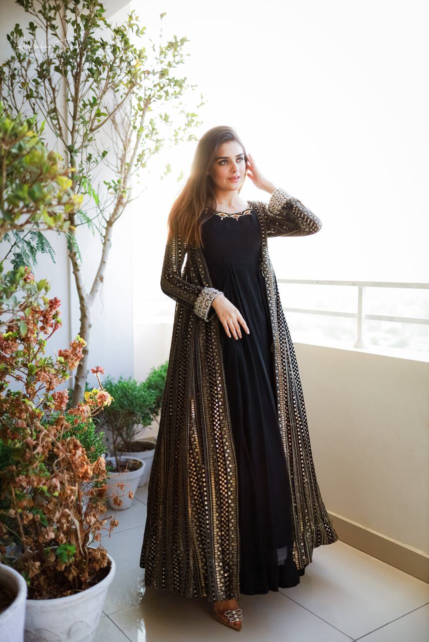 Black Elegant Party Wear Gown & Long Koti Set with Embroidery and Sequins