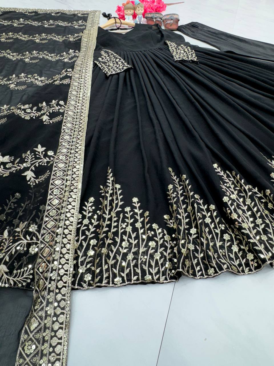 Black Elegant Party Wear Gown Set with Dupatta & Bottom - Heavy Faux Georgette Embroidered Ensemble