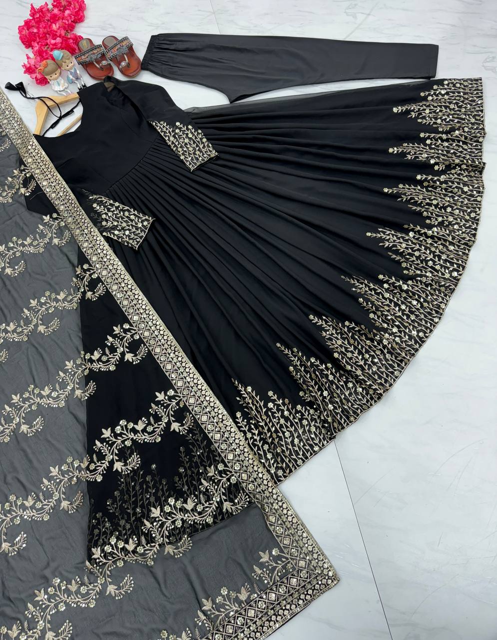 Black Elegant Party Wear Gown Set with Dupatta & Bottom - Heavy Faux Georgette Embroidered Ensemble
