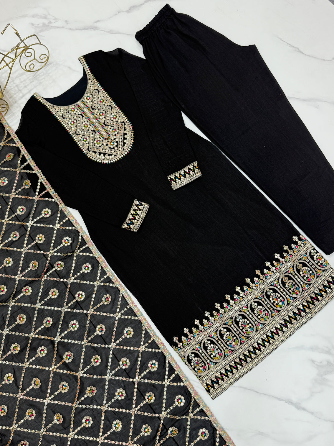 Black Elegant Pure Vichitra Silk Embroidered Kurta with Dupatta & Trousers – Ready to Wear Set