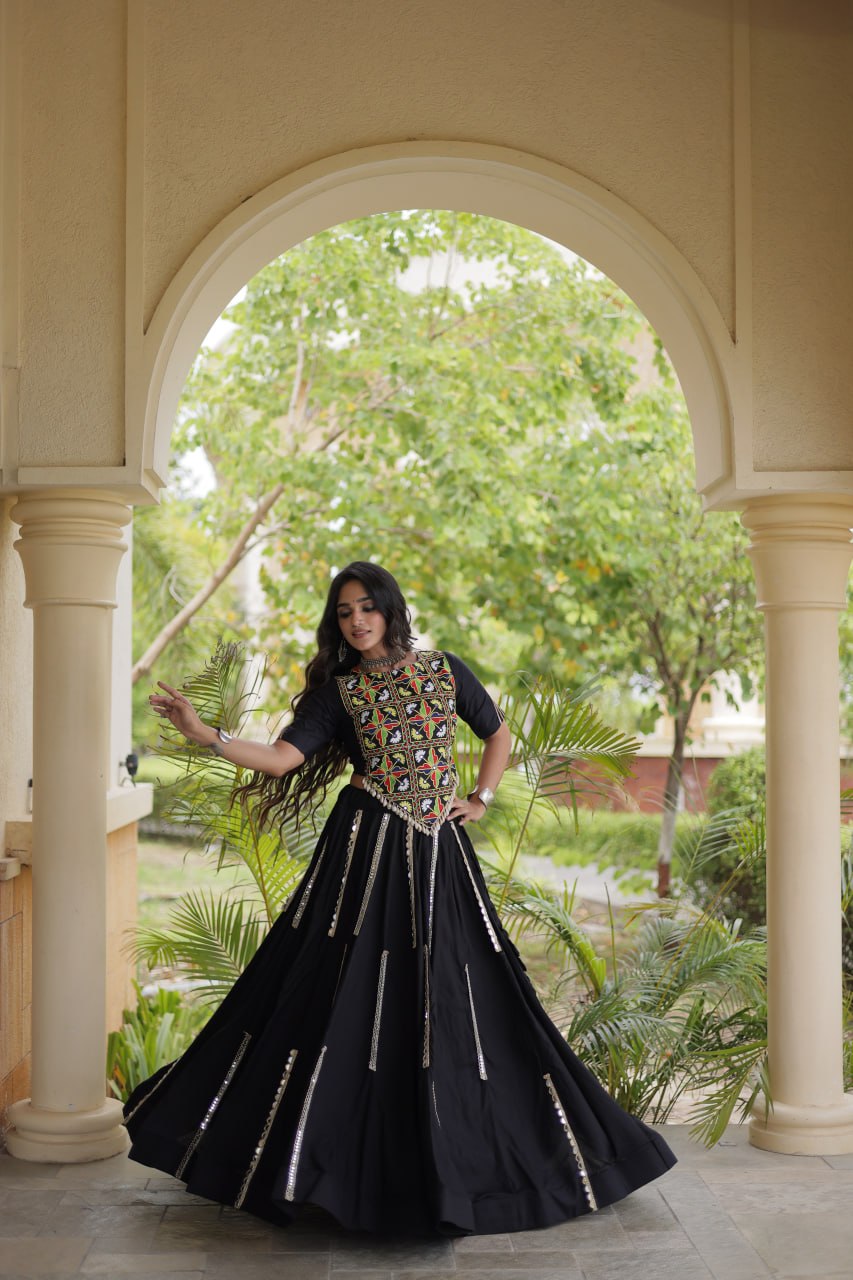 Black Elegant Rayon Mirror Work Lehenga