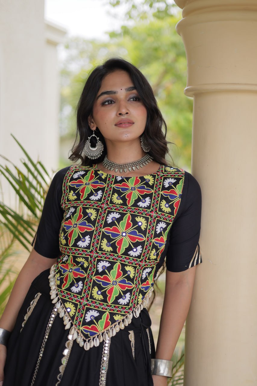 Black Elegant Rayon Mirror Work Lehenga