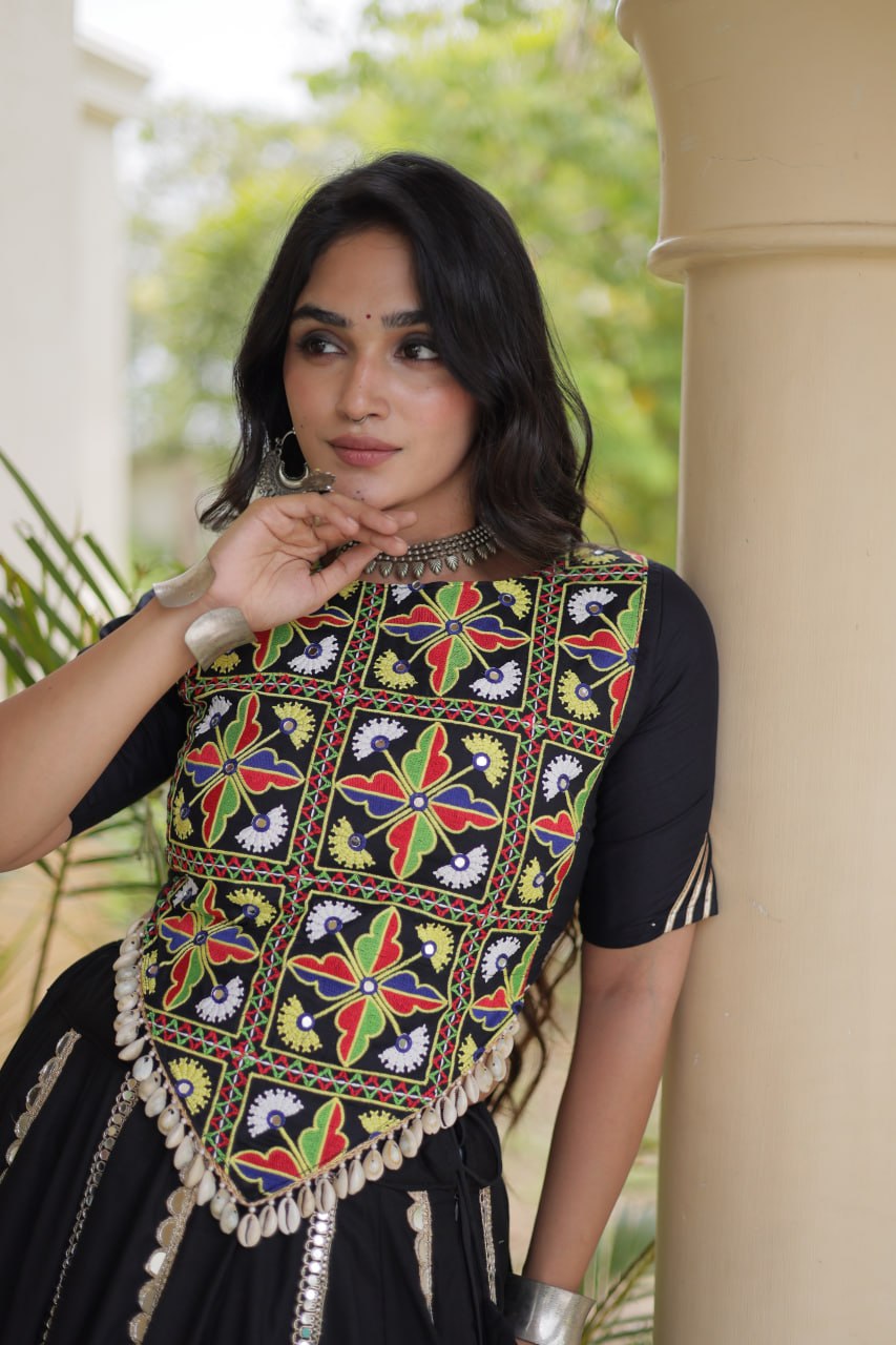 Black Elegant Rayon Mirror Work Lehenga