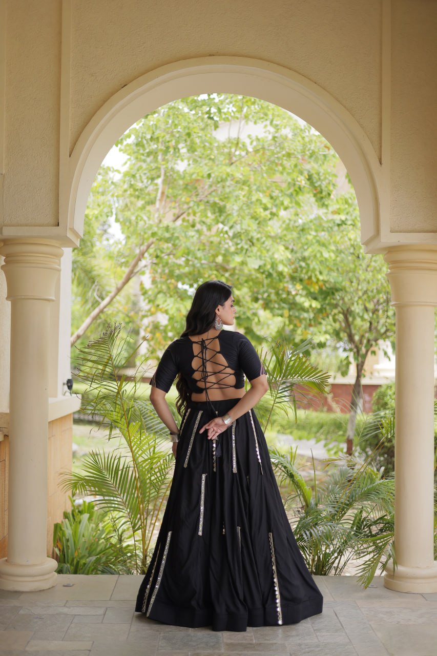 Black Elegant Rayon Mirror Work Lehenga