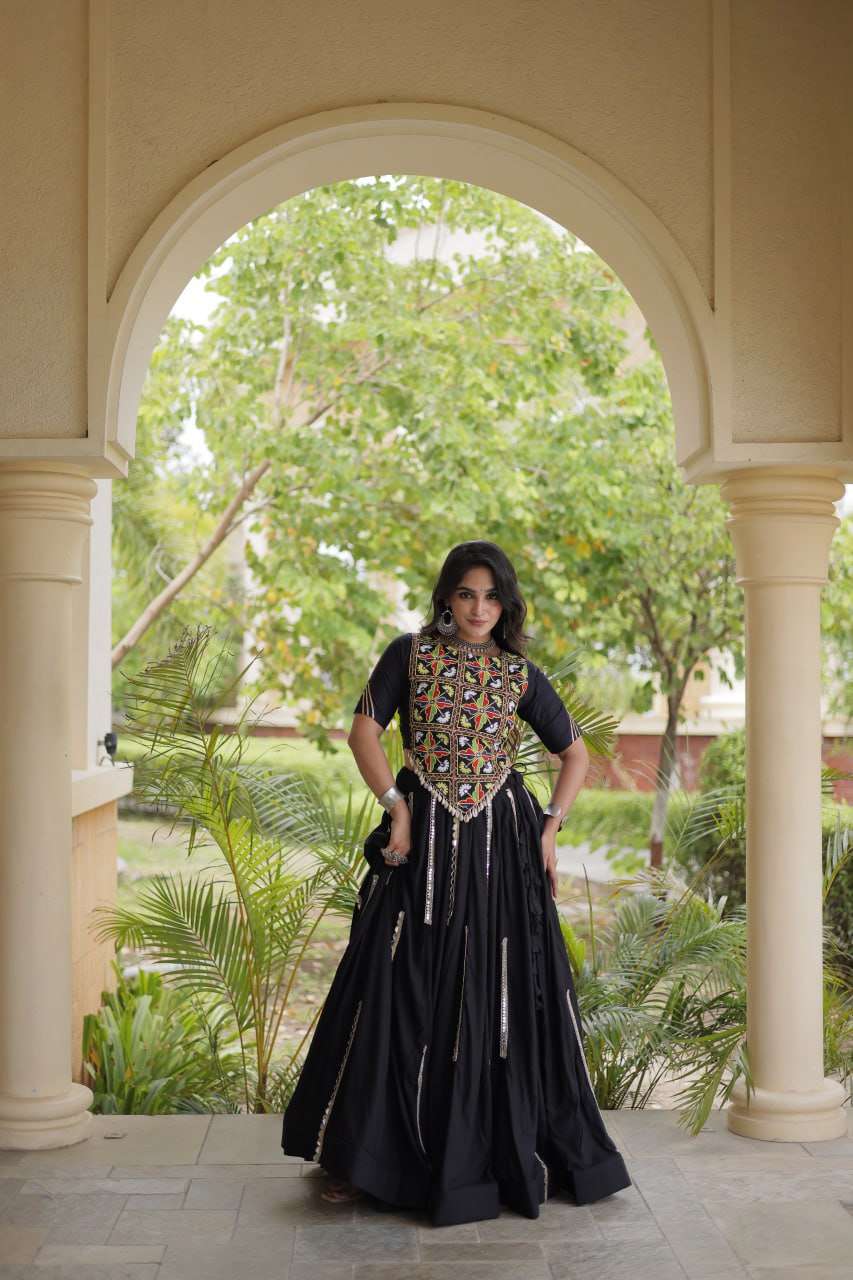 Black Elegant Rayon Mirror Work Lehenga