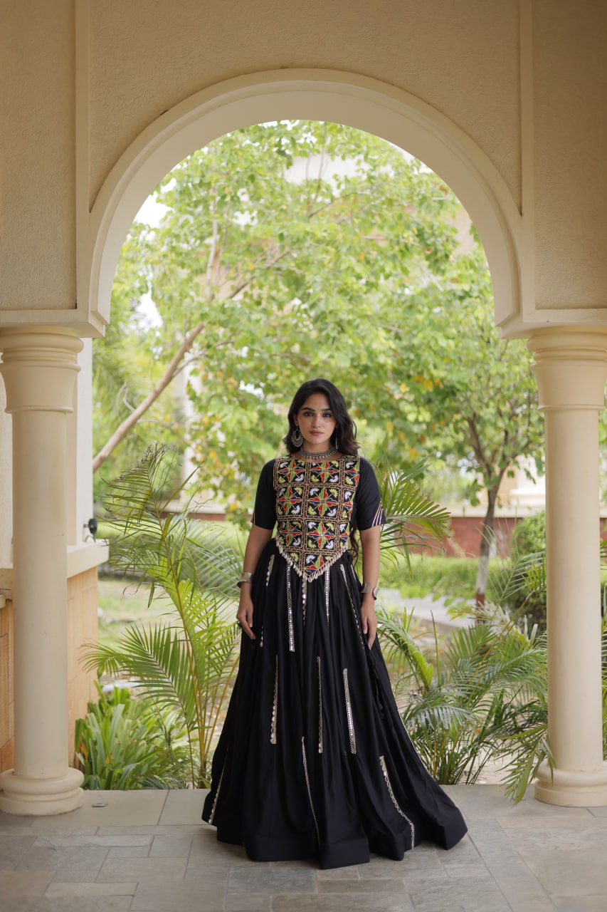 Black Elegant Rayon Mirror Work Lehenga