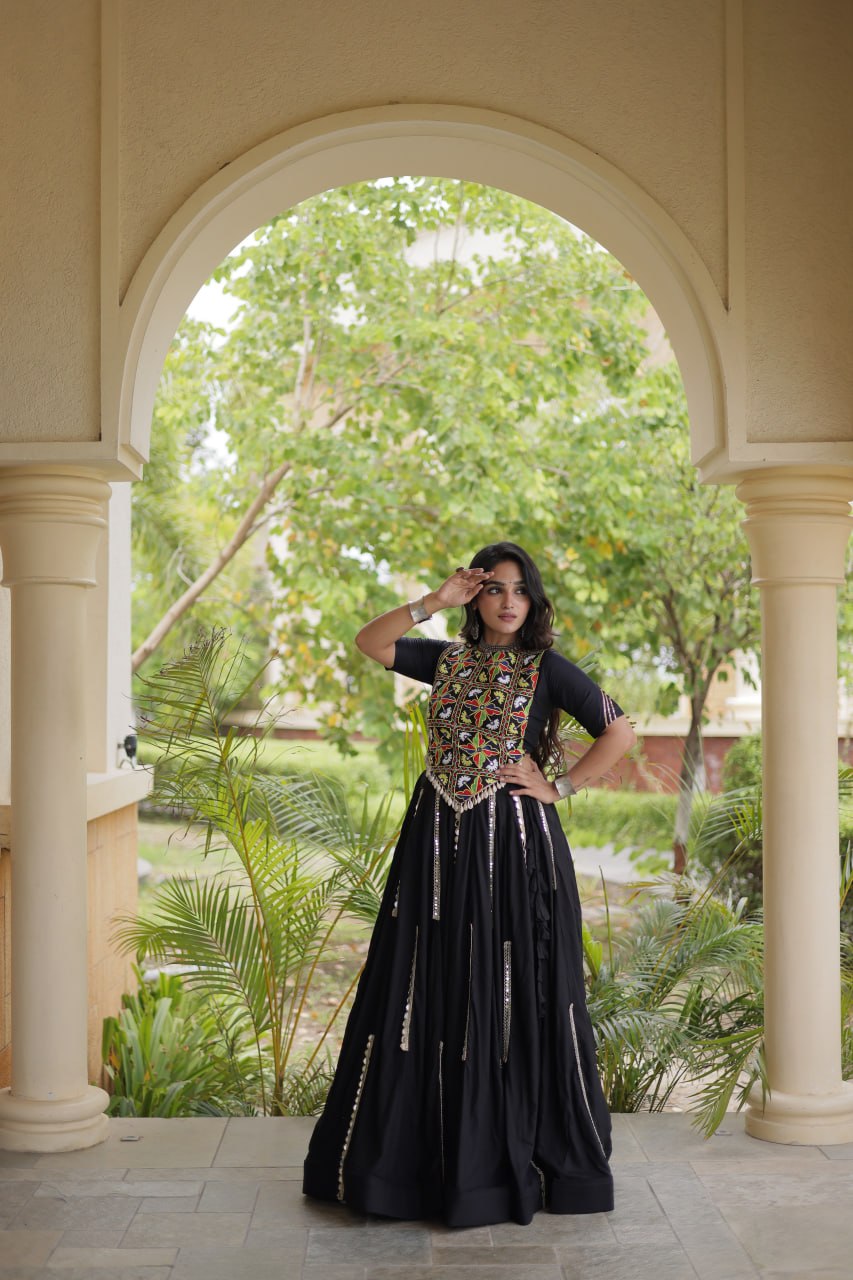 Black Elegant Rayon Mirror Work Lehenga