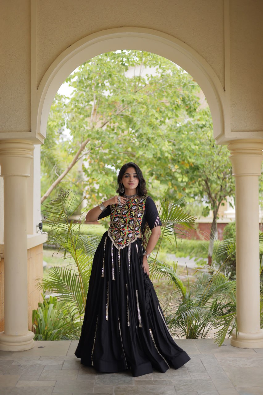 Black Elegant Rayon Mirror Work Lehenga