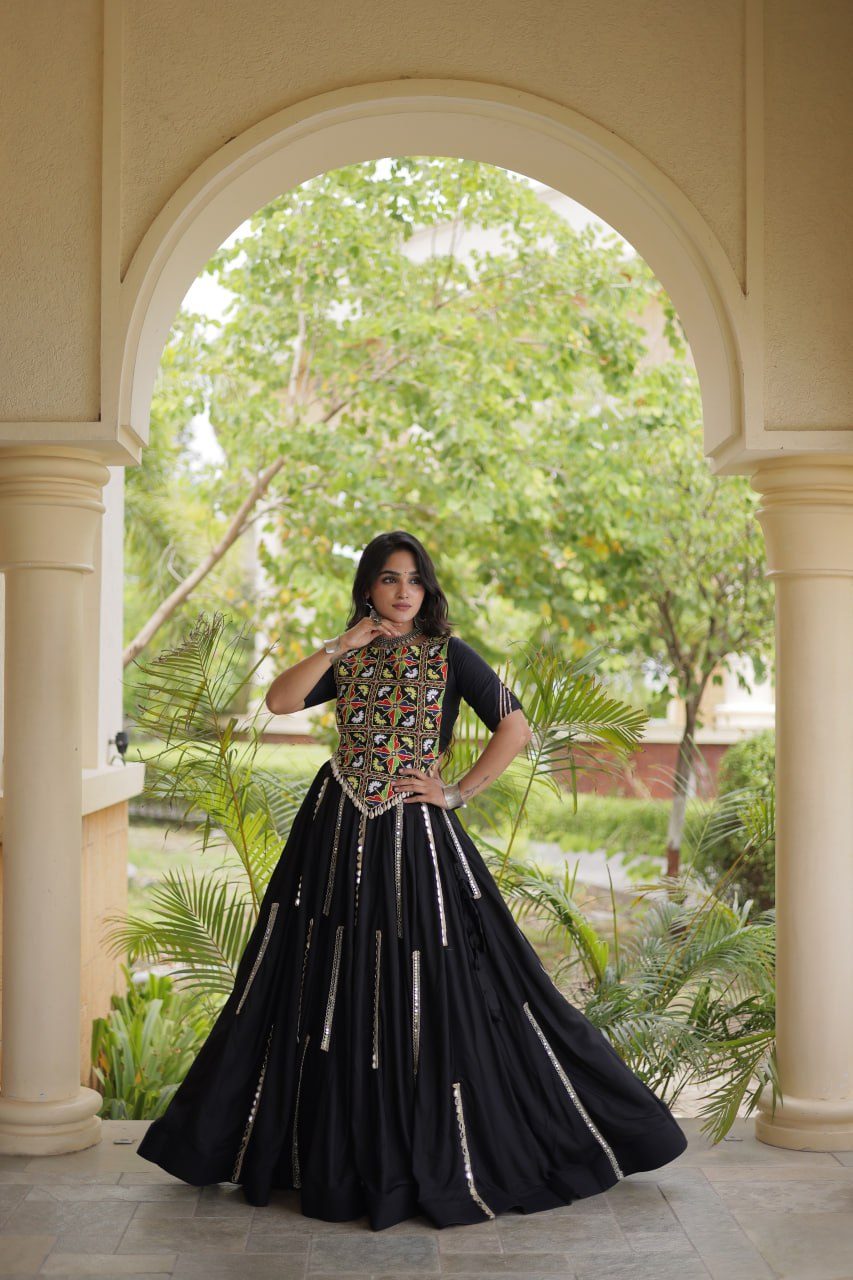 Black Elegant Rayon Mirror Work Lehenga