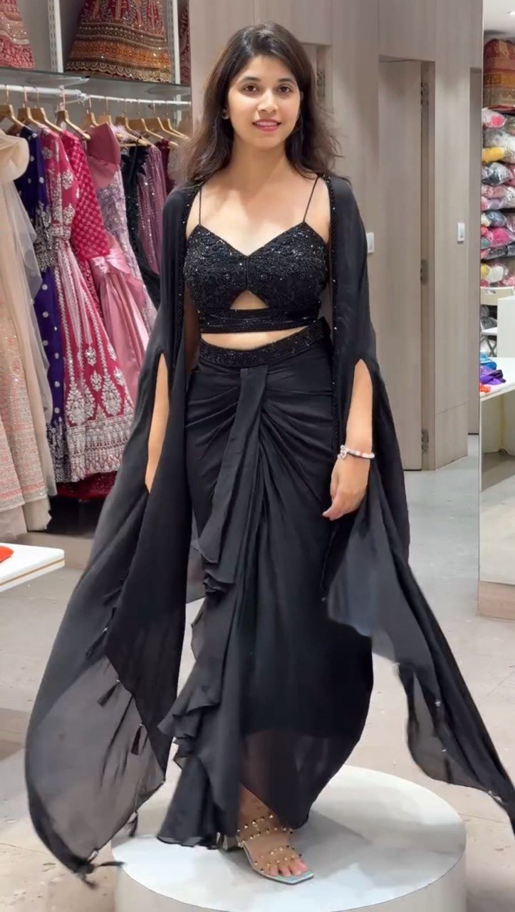 Black Elegant Ready-to-Wear Dhoti Style Set with Shrug & Unstitched Choli