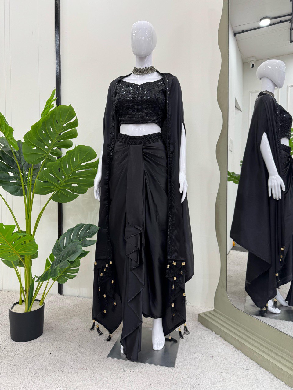 Black Elegant Ready-to-Wear Dhoti Style Set with Shrug & Unstitched Choli