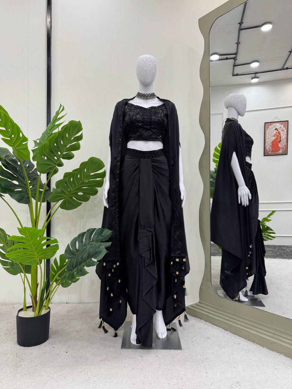 Black Elegant Ready-to-Wear Dhoti Style Set with Shrug & Unstitched Choli