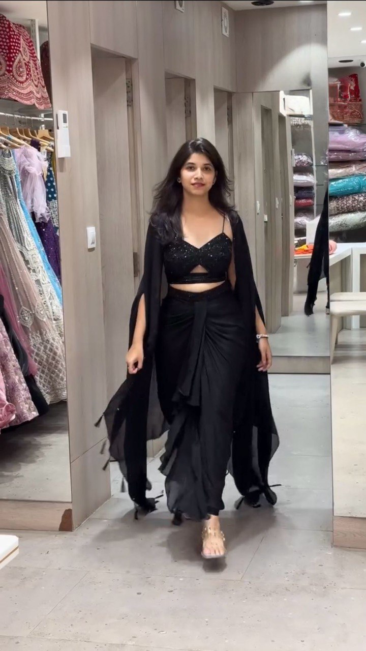 Black Elegant Ready-to-Wear Dhoti Style Set with Shrug & Unstitched Choli