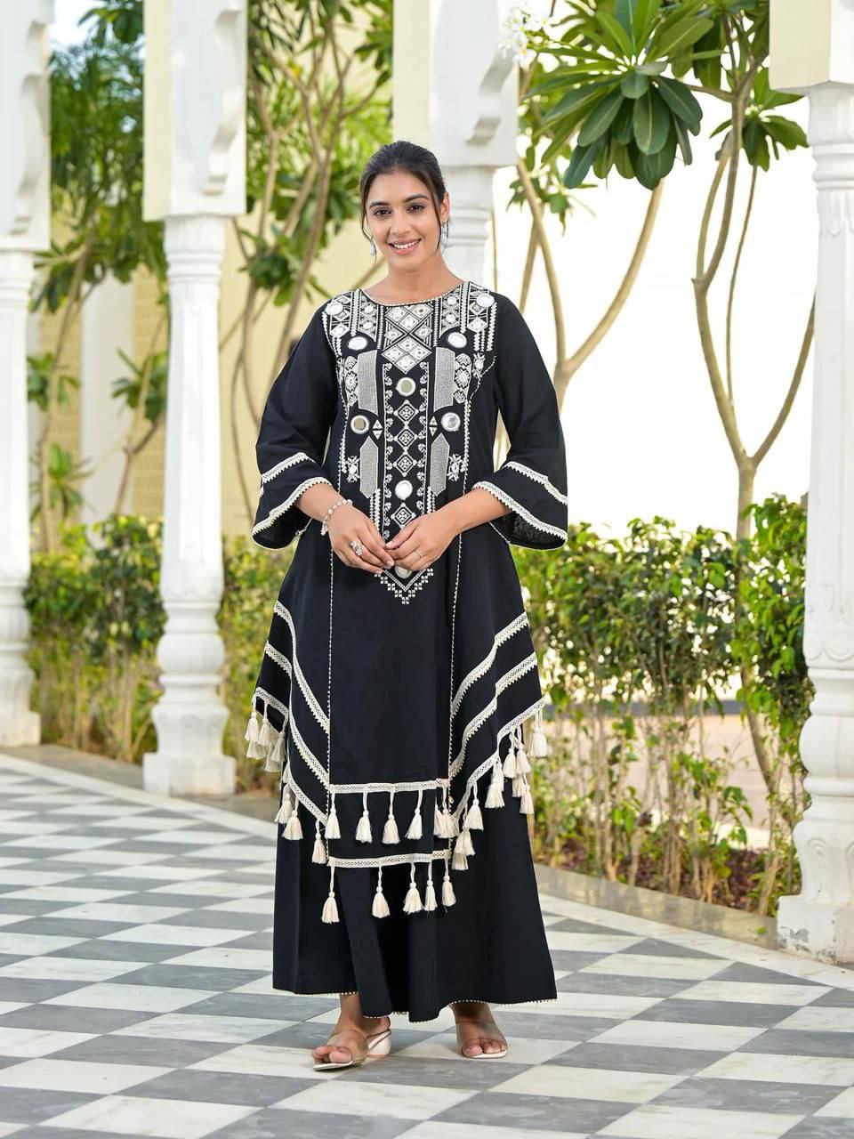 Black Elegant Reyon Cotton Top & Plazo Set with Real Mirror Work and Fancy Lace Latkan