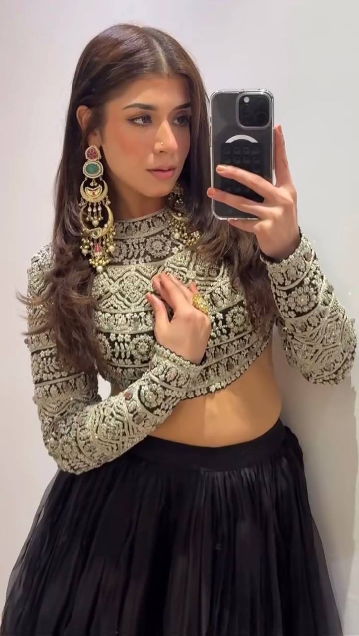 Black Elegant Tabby Organza Lehenga with Thread & Sequin Work Blouse