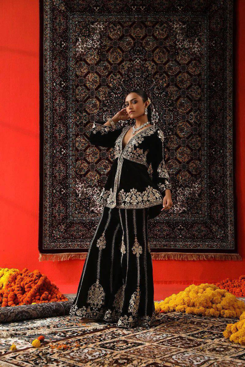 Black Elegant Velvet Ensemble – Top, Plazo & Dupatta