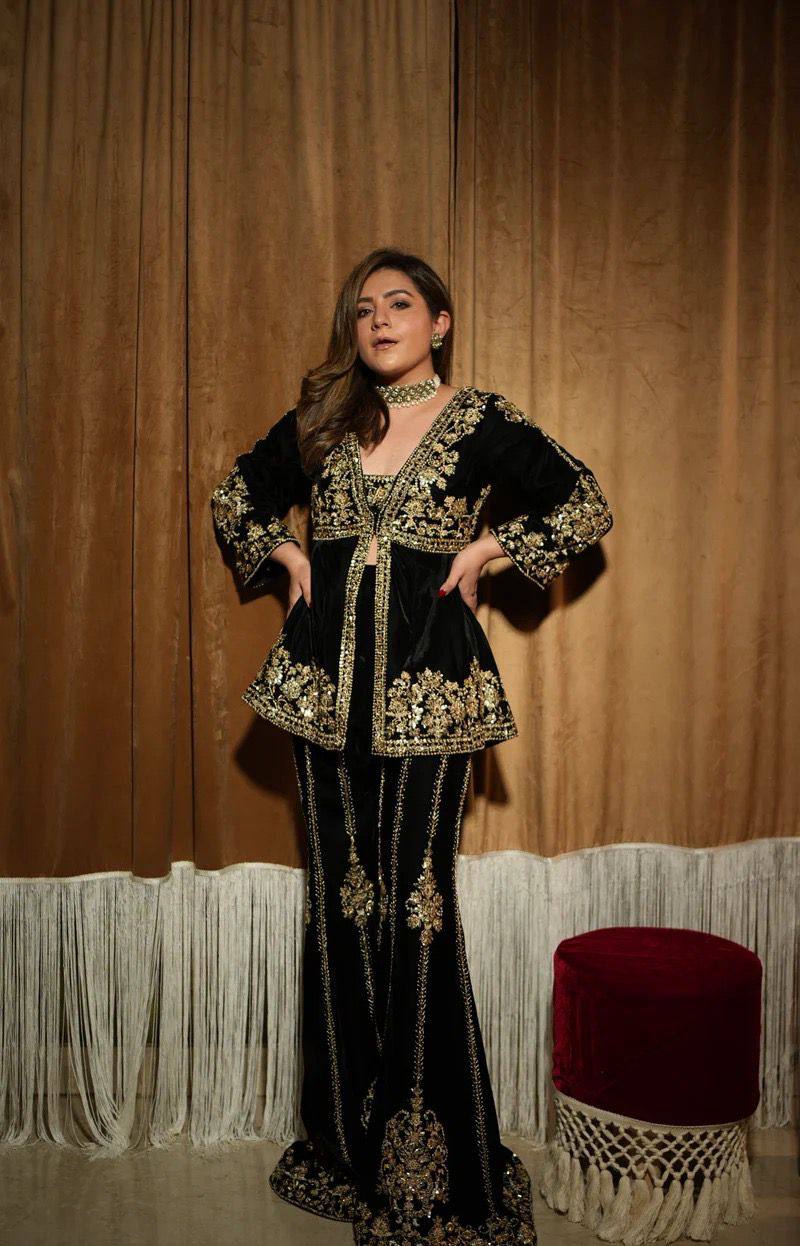 Black Elegant Velvet Ensemble – Top, Plazo & Dupatta