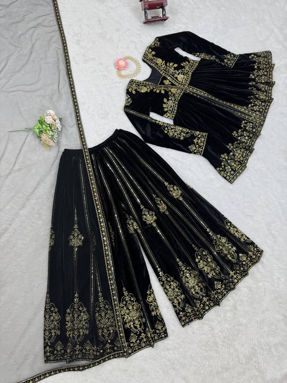 Black Elegant Velvet Ensemble – Top, Plazo & Dupatta