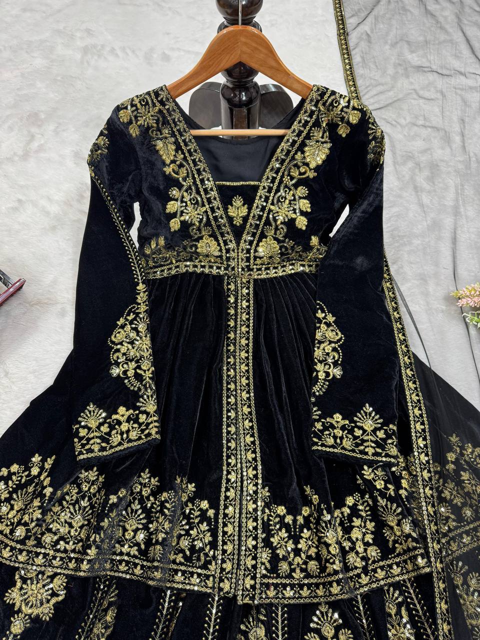 Black Elegant Velvet Ensemble – Top, Plazo & Dupatta
